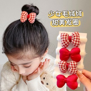儿童秋冬毛绒发圈新年红色蝴蝶结发圈2025新款女童扎头发发圈皮筋