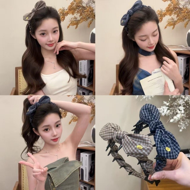 复古格子蝴蝶结发箍头饰2026新款高级感高颅顶波浪齿梳头箍女款