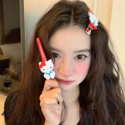 卡通可爱HelloKitty发夹少女心长款红色KT猫咪刘海夹无痕侧边夹子