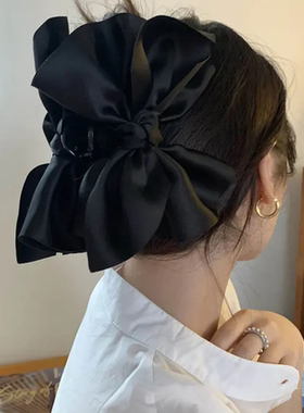 大蝴蝶结很显头~缎面黑色发抓鲨鱼夹女发夹后脑勺量多发卡抓夹ins