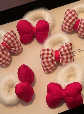 新年儿童皮筋毛绒发圈秋冬可爱红色蝴蝶结头绳扎马尾辫公主高弹力