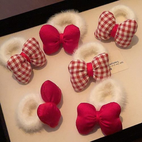 新年儿童皮筋毛绒发圈秋冬可爱红色蝴蝶结头绳扎马尾辫公主高弹力