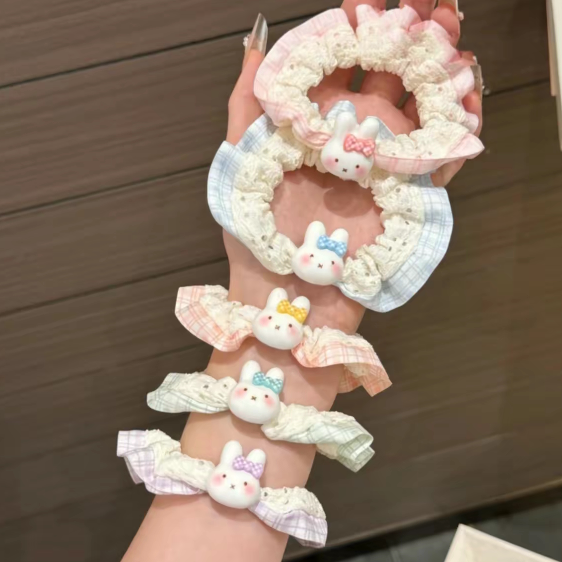 格纹蕾丝花边发圈ins米菲兔女甜美马尾小肠圈高颜值可爱简约发绳
