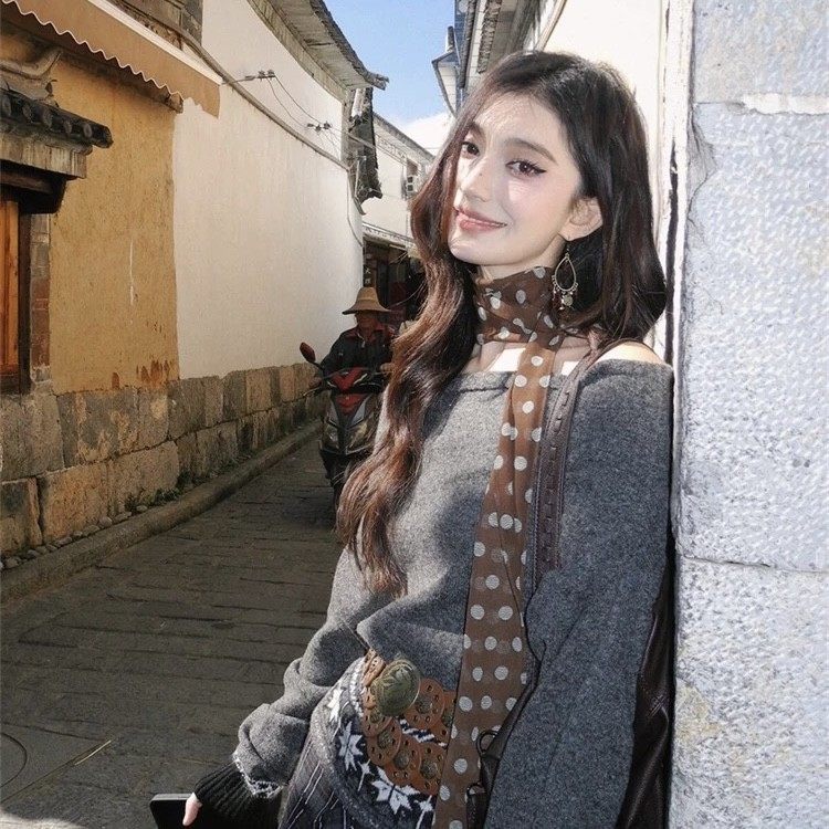 棕色波点丝巾法式百搭复古长条丝巾女士新款配饰系脖飘带领巾