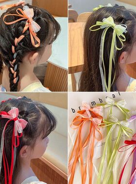 小女孩高颜值丝带蝴蝶结长飘带编发发夹儿童清爽夏日甜美发饰头