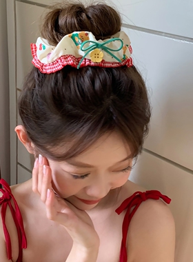 樱桃小熊！森系花朵纽扣蕾丝边大肠发圈手作发饰红色发绳头饰发饰