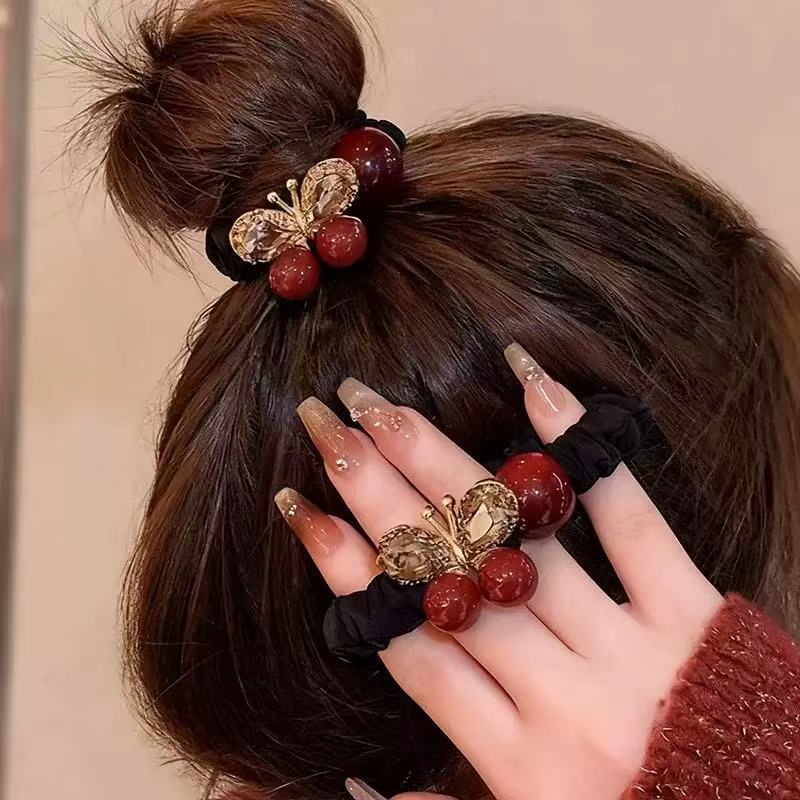 安可拉红色蝴蝶镶钻发圈气质头绳时尚高端高弹力马尾丸子皮筋