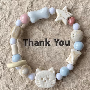 非金属陶瓷手链 小景德镇陶瓷手链小众饼干猫咪设计手串百搭绿色