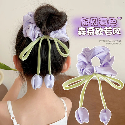 女童亲子春天气息微光郁金香蝴蝶结大肠发圈甜美洋气花朵流苏发圈