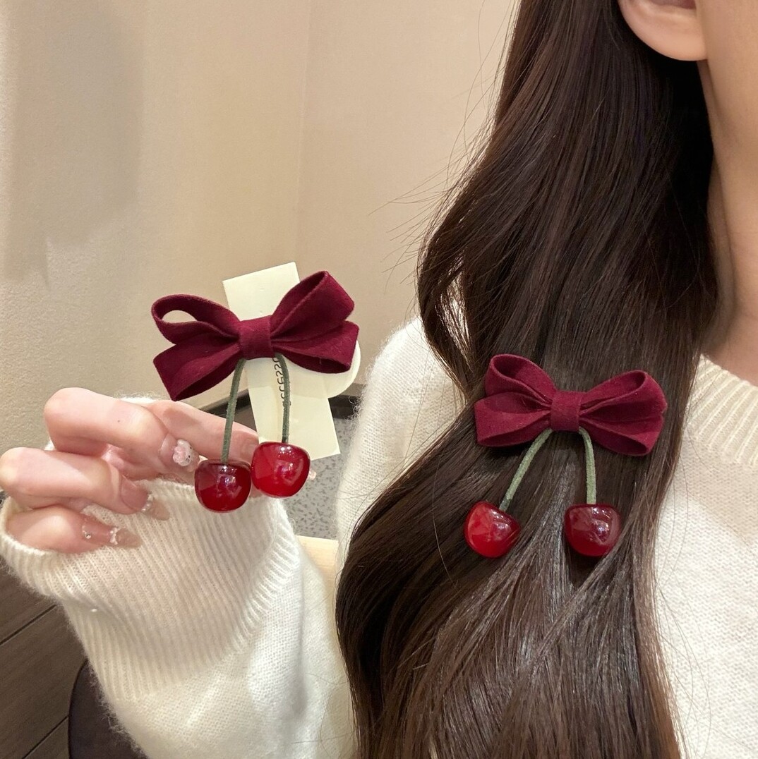 新年红樱桃蝴蝶结发夹可爱甜美对夹刘海侧边夹喜庆头饰女