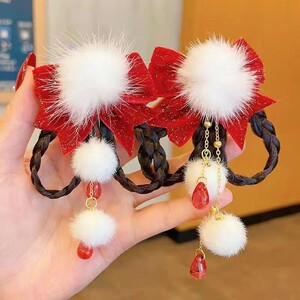 新年发饰发卡假发辫子小女孩中国风流苏发夹女童古风汉服头饰红色