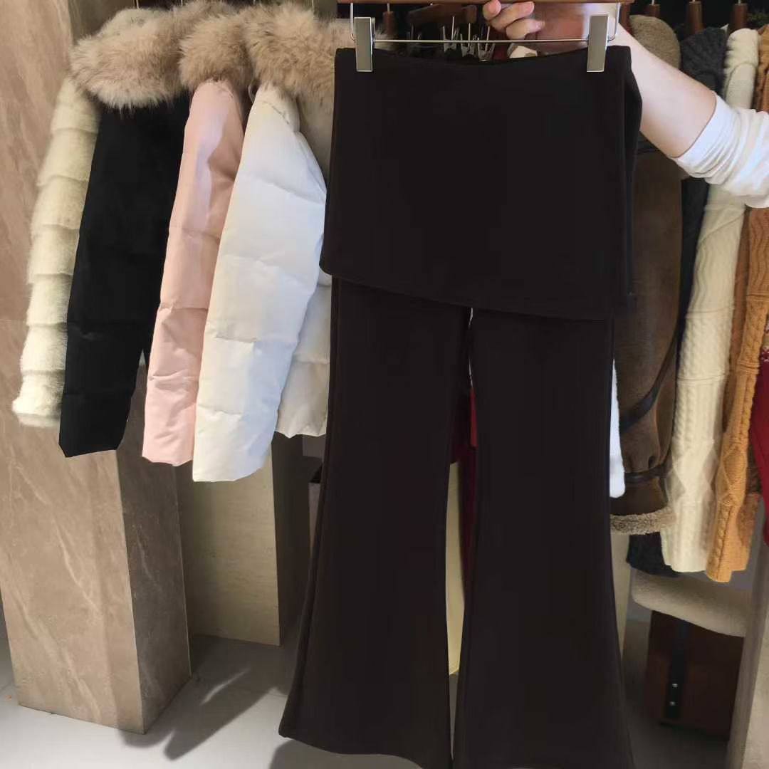 假两件屁帘微喇叭裤女加绒2025冬季新款韩系叠穿拼接显瘦休闲裙裤