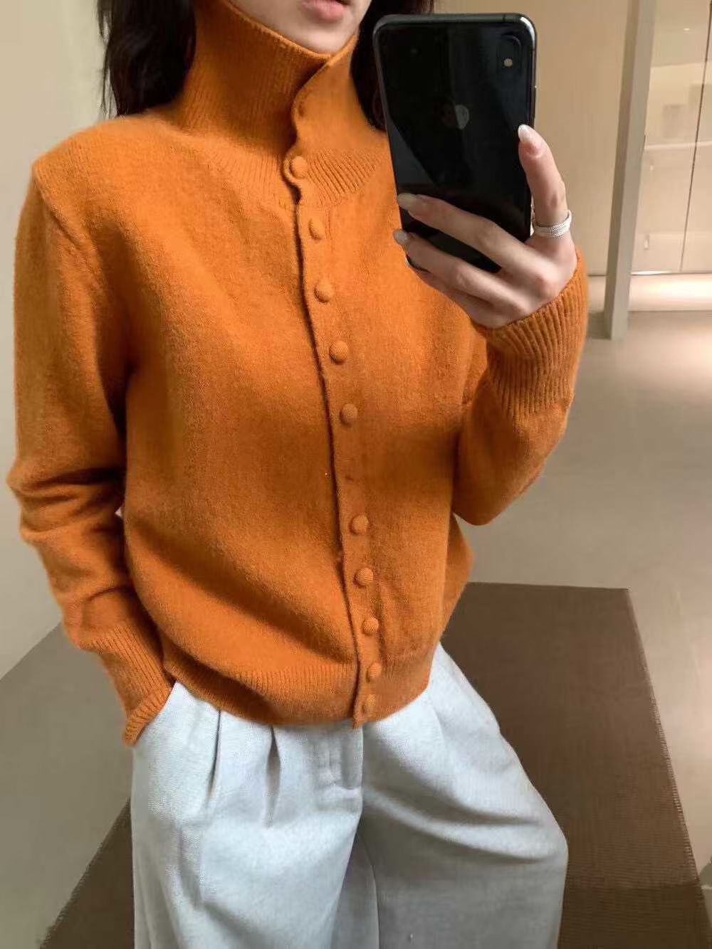 GYStudio韩系高领排扣羊毛开衫毛衣外套女秋冬新款宽松针织衫上衣