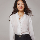 秘密盒子柔香软玉 女上衣女 法式 浪漫精致木耳荷叶花边V领白色衬衫