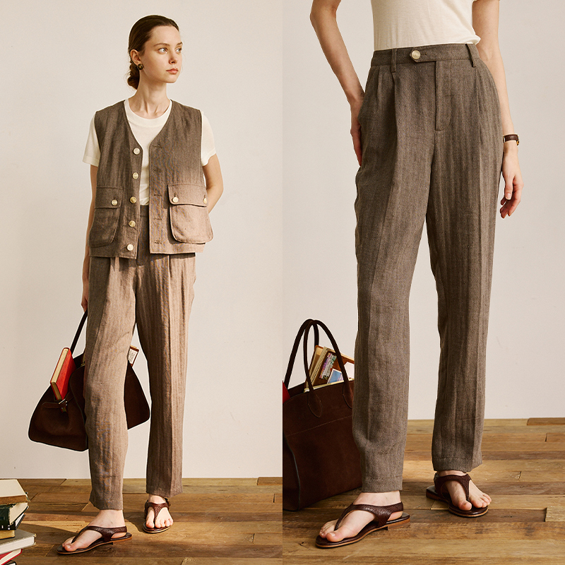 亚麻人字纹吸湿透气工装风套装