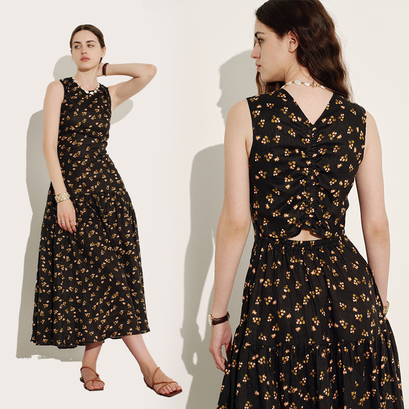 秘密盒子雾野寻香 100亚麻后背V领镂空法式长裙圆领a字碎花连衣裙