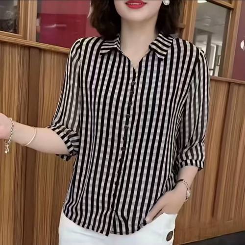 高档新款翻领纯色百搭休闲减龄短袖衬衫气质上衣大码宽松T恤外套