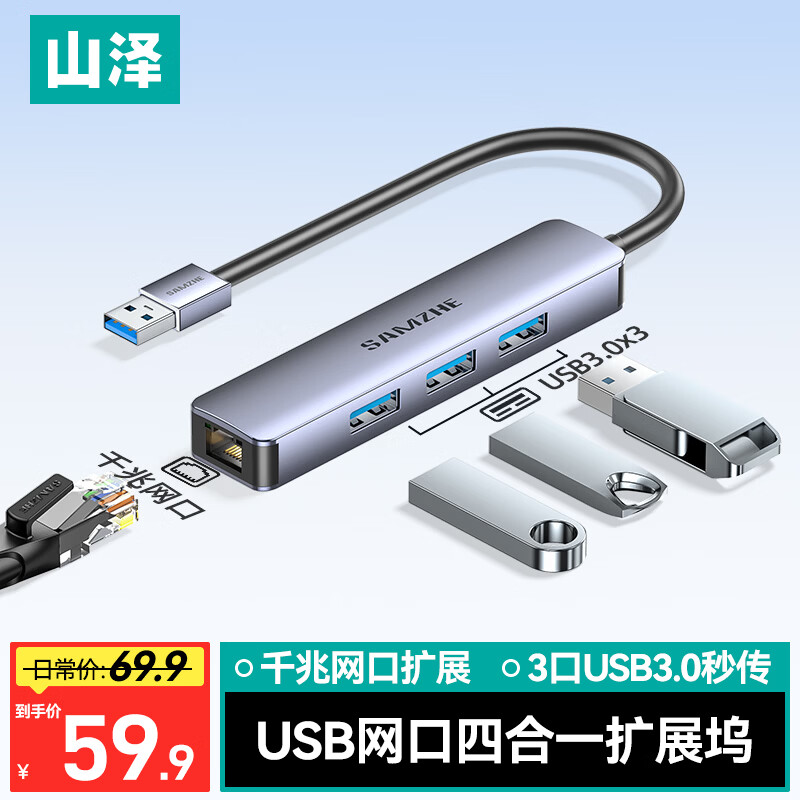 山泽usb转网口mac笔记本电脑网线转接口转换器外置千兆网卡rj45宽带连接头适用于惠普联想苹果