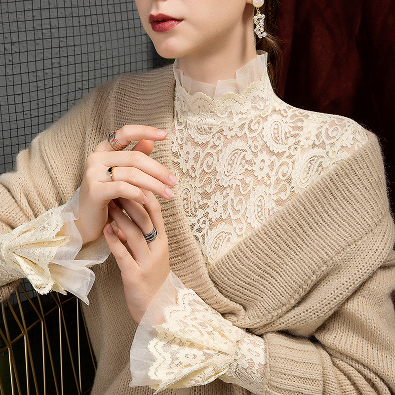蕾丝长袖上衣高领秋季打底衫修身