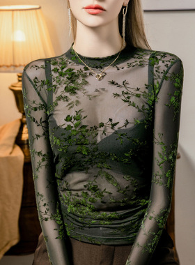 植绒印花网纱打底衫女褶皱修身2026春季新款透视内搭长袖上衣小衫