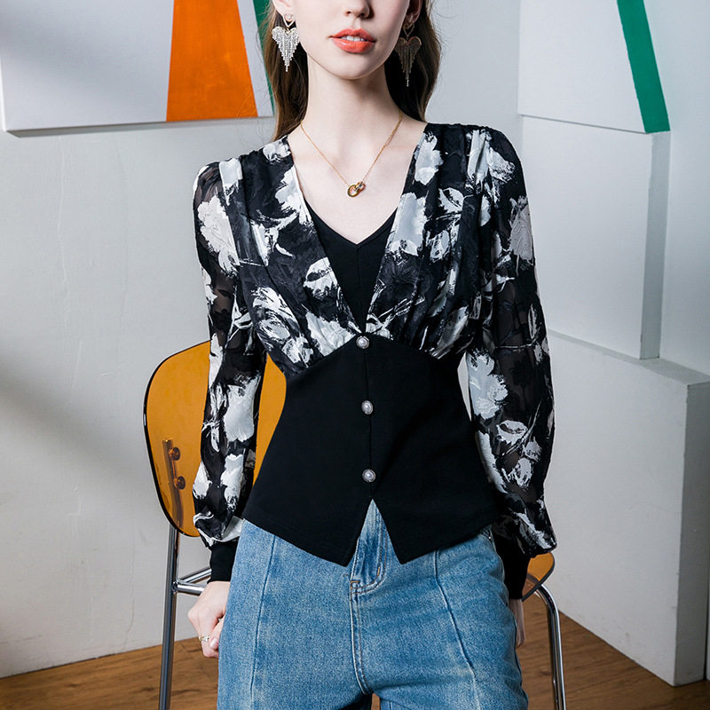 假两件雪纺提花V领上衣女修身2025春季泡泡袖拼接女装长袖小衫