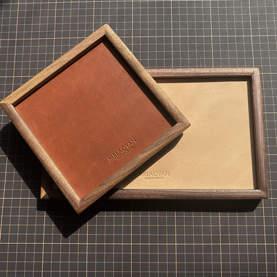 玄关收纳盘复古文玩真皮胡桃木杯托茶杯垫陈列展示盒首饰盘定制订