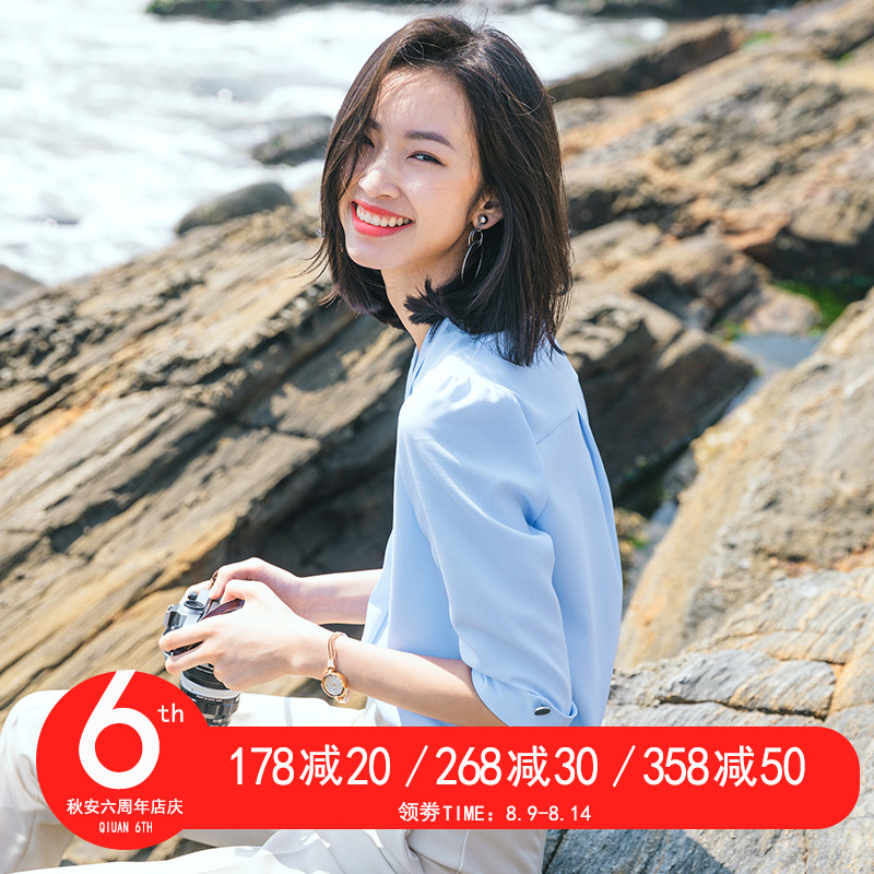 2018夏新款白色襯衣女職業裝韓范v領時尚雪紡襯衫短袖小清新上衣