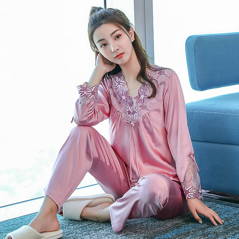 春秋薄款性感夏季仿真丝睡衣女蕾丝长袖丝绸两件套装短袖夏天冰丝