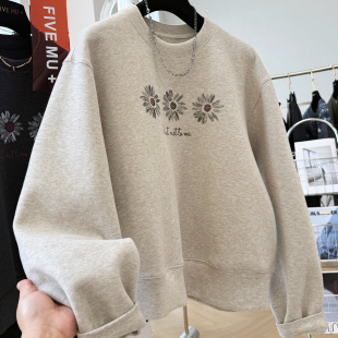 韩系早秋巨好看 洋气慵懒风休闲上衣 印花圆领无帽套头卫衣女时尚