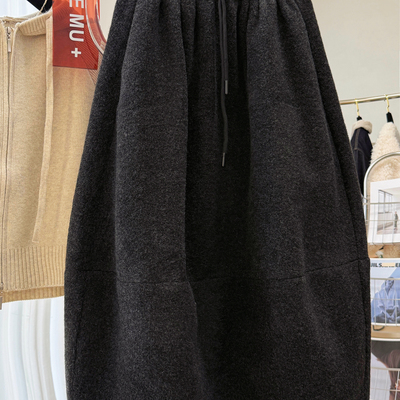 韩系加绒加厚毛呢花苞半身裙女冬