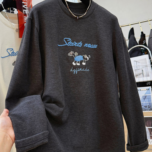 韩系磨毛卡通刺绣打底衫女秋冬