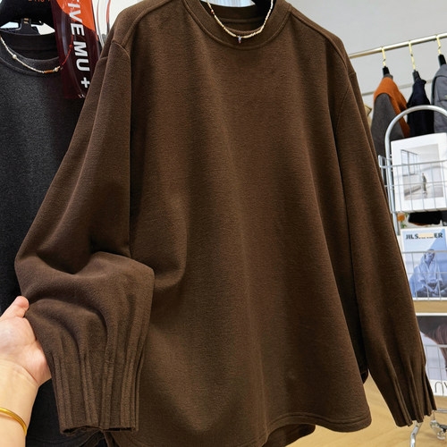 慵懒风宽松磨毛长袖T恤打底衫女