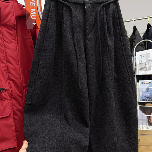 高级感加绒加厚毛呢九分休闲裤女