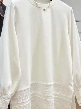 韩系镂空蕾丝拼接磨毛长袖T恤女秋冬宽松慵懒风内搭叠穿打底衫ins