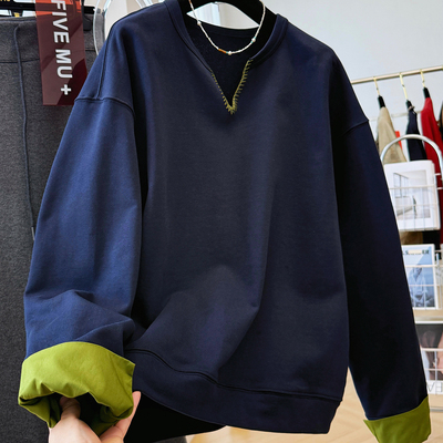 韩系穿搭慵懒风撞色套头卫衣女秋