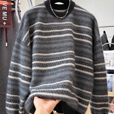 高端浣熊绒定制条纹慵懒风毛衣女