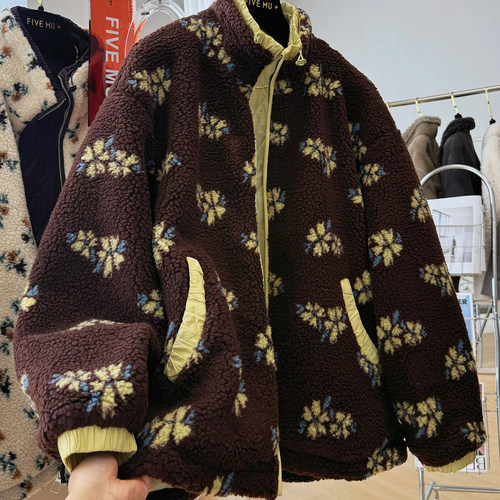 韩系小碎花羊羔绒立领外套女冬季