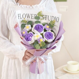 成品毛线手工钩织花束玫瑰泡芙礼物钩织针织花仿真花送礼生日摆件