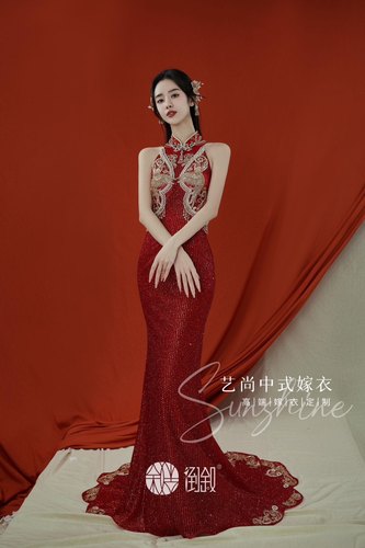 倒叙新中式圆中见方新娘美人鱼鱼尾性感敬酒服旗袍晚礼服出租