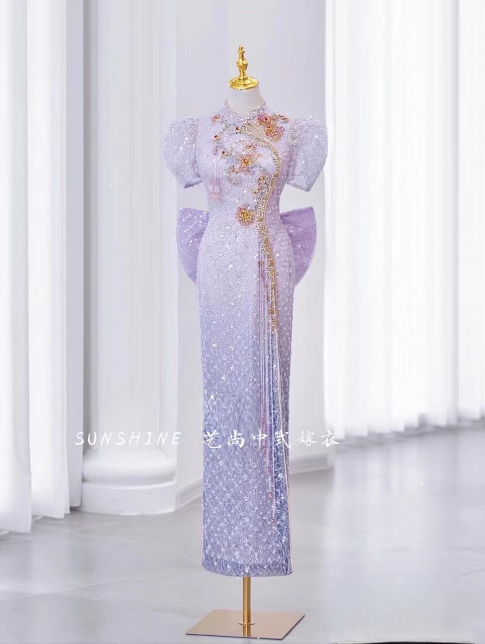 新款出租旗袍紫色一衣多穿新娘结婚出门服敬酒服短袖婚礼中式