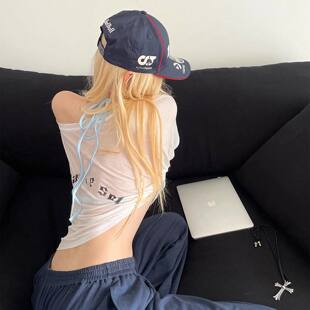 ins风性感美式辣妹t恤女学生夏季宽松潮流百搭爵士舞蹈服露肩上衣