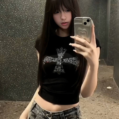 y2k小个子美式辣妹t恤女学生夏季暗黑系短款露腰百搭爵士舞蹈上衣
