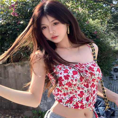 纯欲风夏季旅游度假紧身吊带背心女短款露脐性感内搭外穿碎花上衣