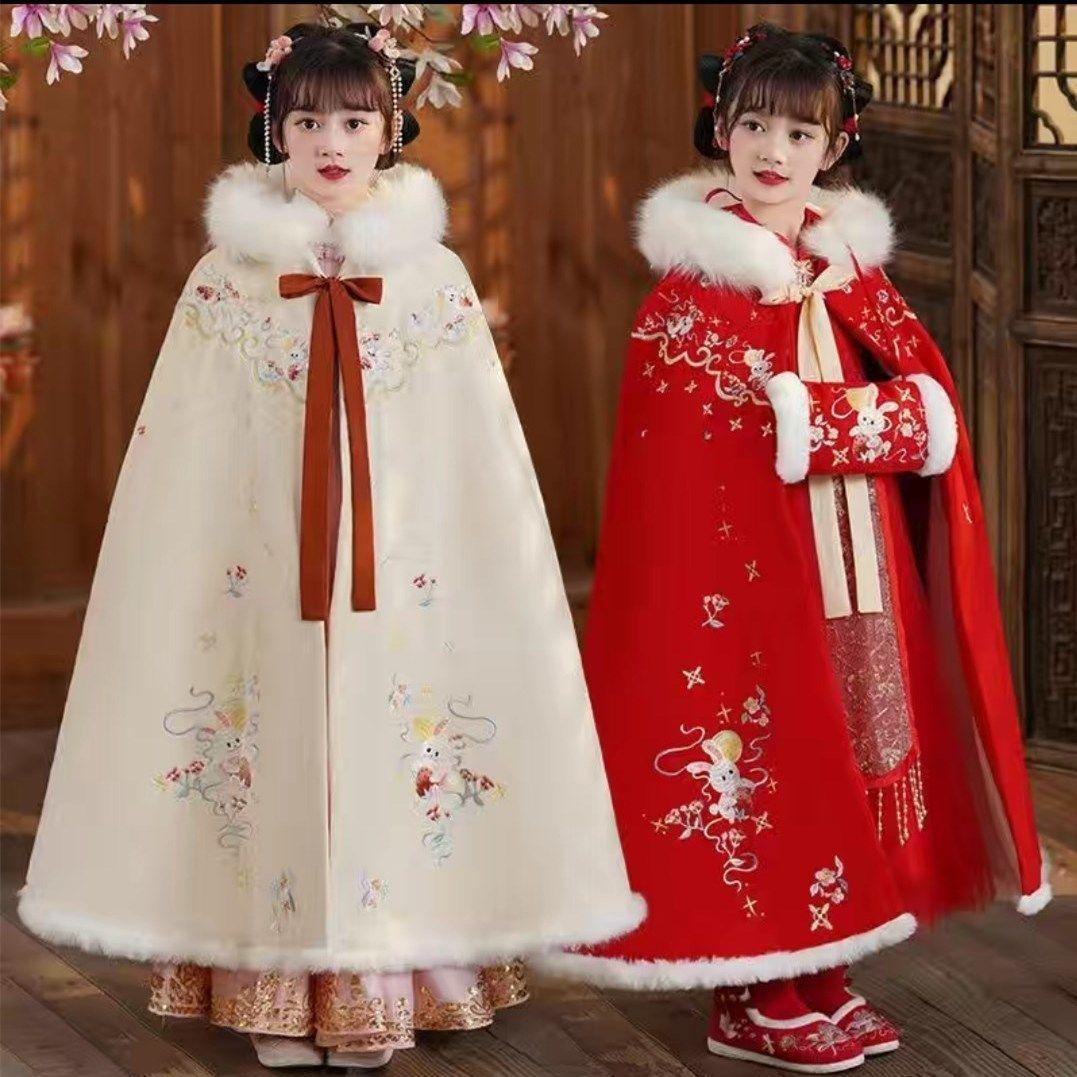 兒童披肩外套女童超仙新款斗篷拜年服長(zhǎng)袍寶寶古裝中國(guó)風(fēng)秋冬款