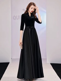 黑色晚礼服女长裙民乐合唱指挥礼服高端大气丝绒合唱团舞台表演服