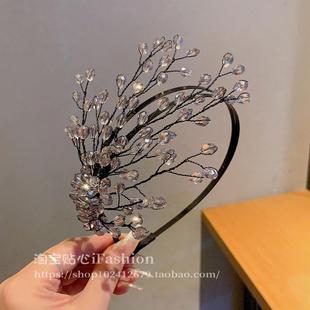 韩国超仙满钻水晶发箍精致高档双层设计树叶优雅头箍发饰时尚气质