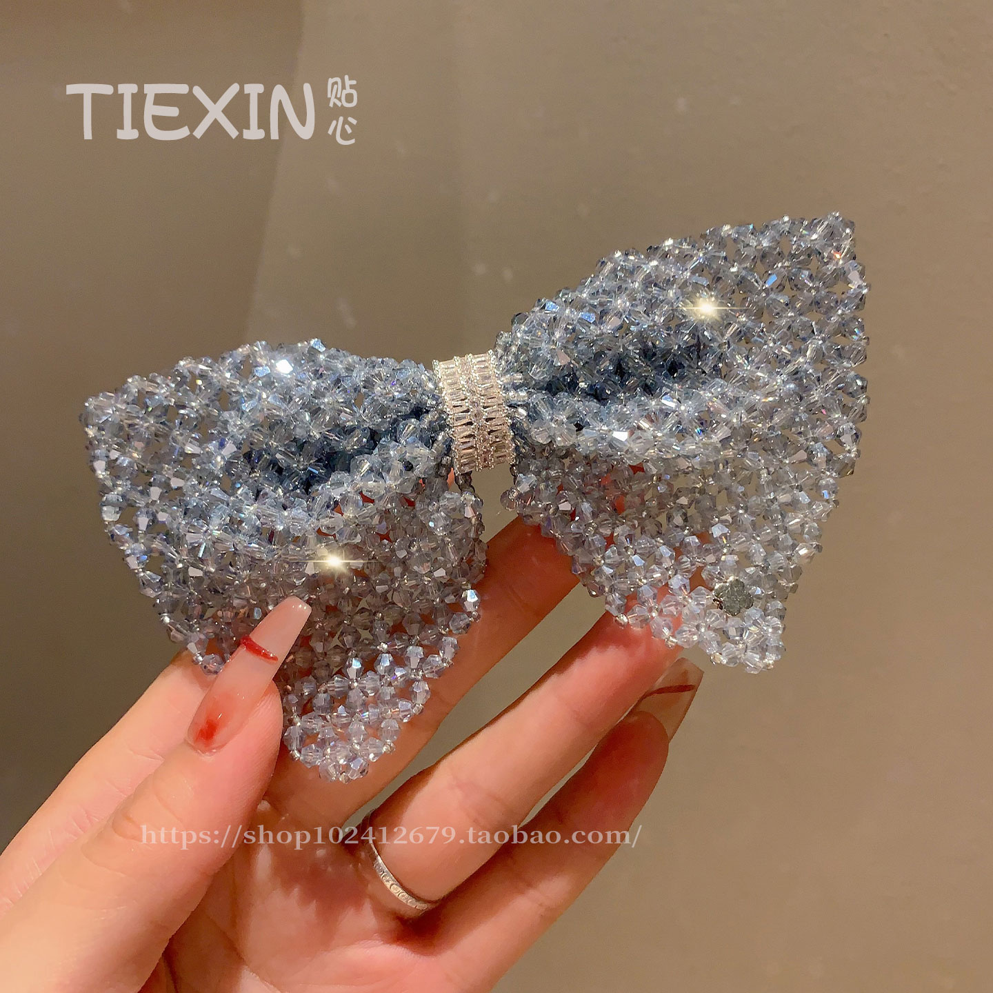 重工水钻水晶蓝色蝴蝶结满钻水晶发夹高级感弹簧夹气质后脑勺顶夹