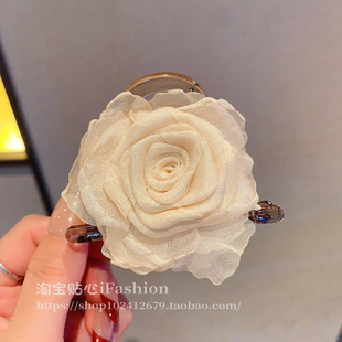 韩国新款玫瑰花抓夹女高级感超仙花朵半扎后脑勺头花夹子头饰发夹