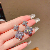 精致时尚 小众设计微镶超闪锆石四叶花耳钉耳环高级感气质百搭耳饰
