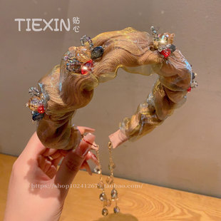 2025年高级感轻奢水钻花朵流苏头箍发饰高颅顶显发量多发箍头饰女